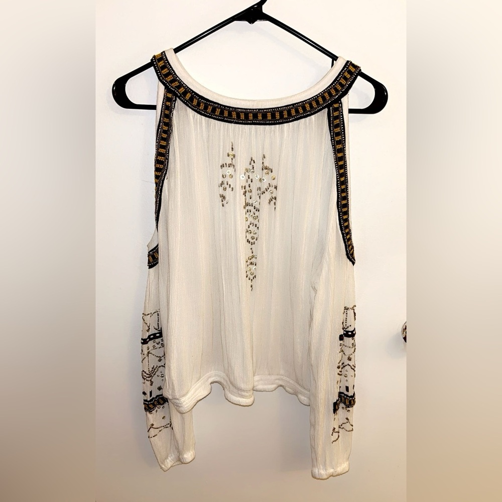 free people embroidered neckline beaded bohemian, long sleeve blouse small NWOT